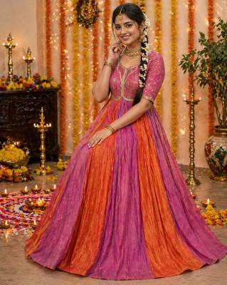Pink silk blend embroidered gown set 1