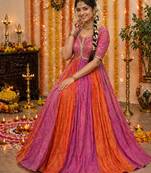 Pink silk blend embroidered gown set