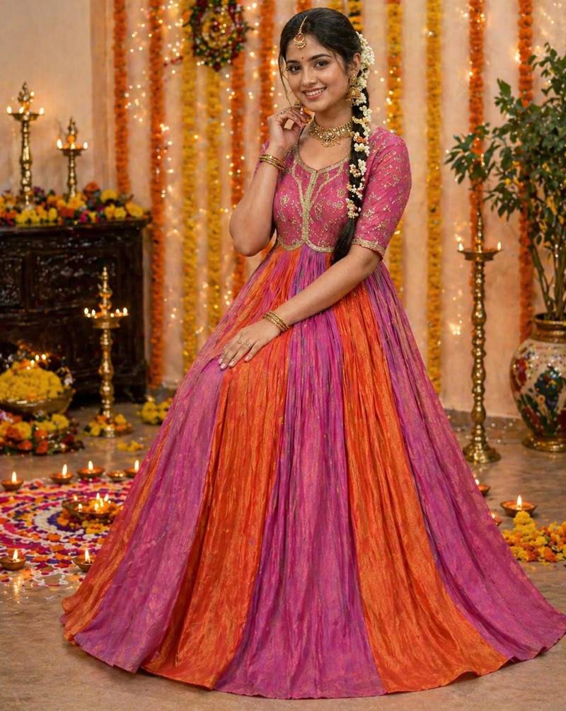 Pink silk blend embroidered gown set