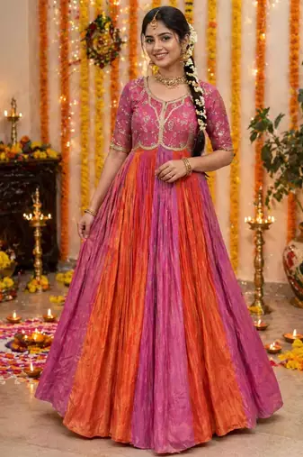 Pink silk blend embroidered gown set