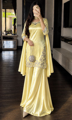 Yellow silk blend embroidered sharara set 1