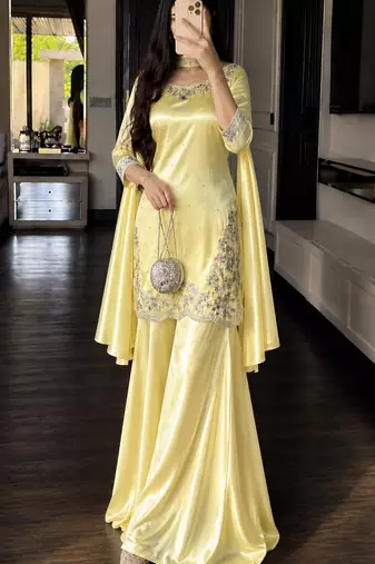 Yellow silk blend embroidered sharara set