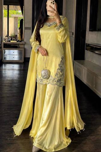 Yellow silk blend embroidered sharara set