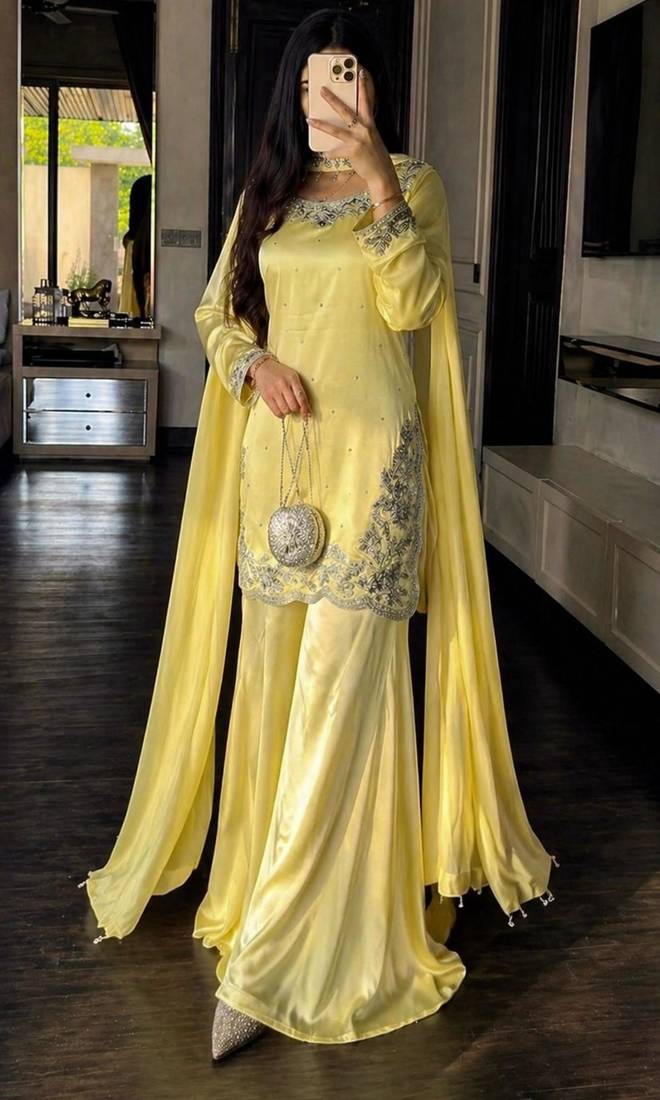 Yellow silk blend embroidered sharara set