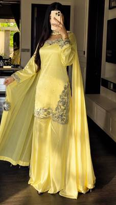 Yellow silk blend embroidered sharara set 2