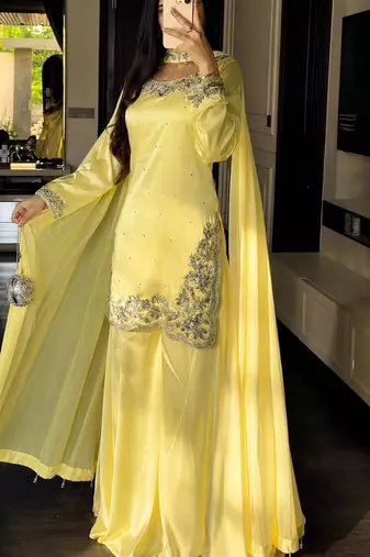 Yellow silk blend embroidered sharara set