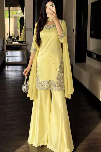 Yellow silk blend embroidered sharara set