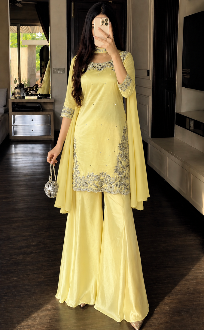 Yellow silk blend embroidered sharara set