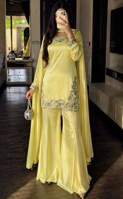 Yellow silk blend embroidered sharara set 3
