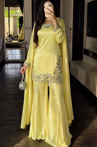 Yellow silk blend embroidered sharara set