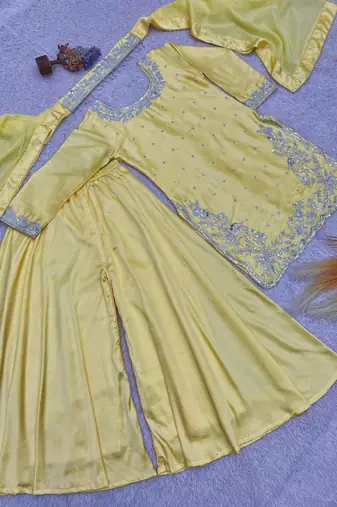 Yellow silk blend embroidered sharara set