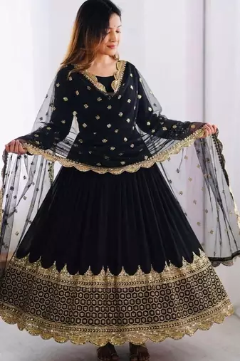 Black faux georgette embroidered gown set