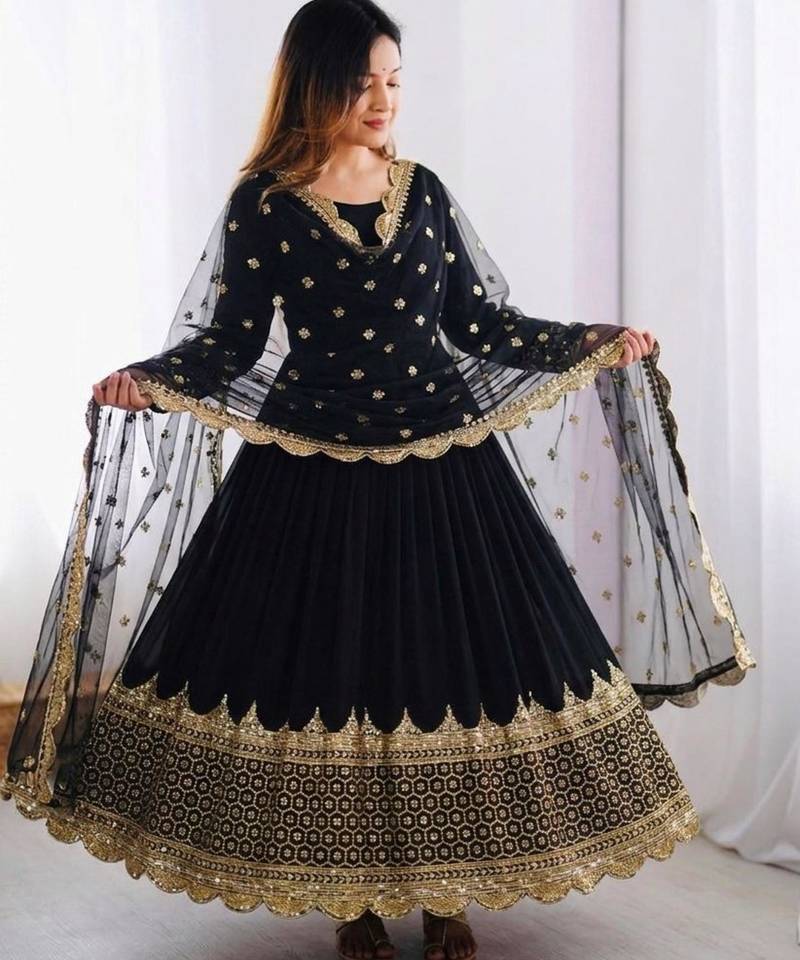 Black faux georgette embroidered gown set
