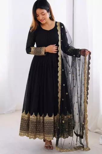 Black faux georgette embroidered gown set