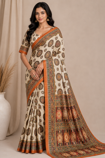 white-orange digital printing with original mirror dola silk saree