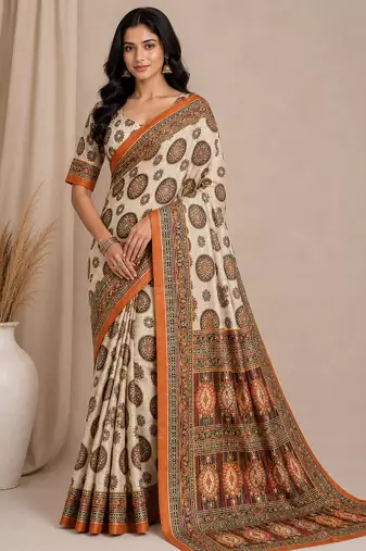 white-orange digital printing with original mirror dola silk saree