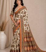 white-orange digital printing with original mirror dola silk saree