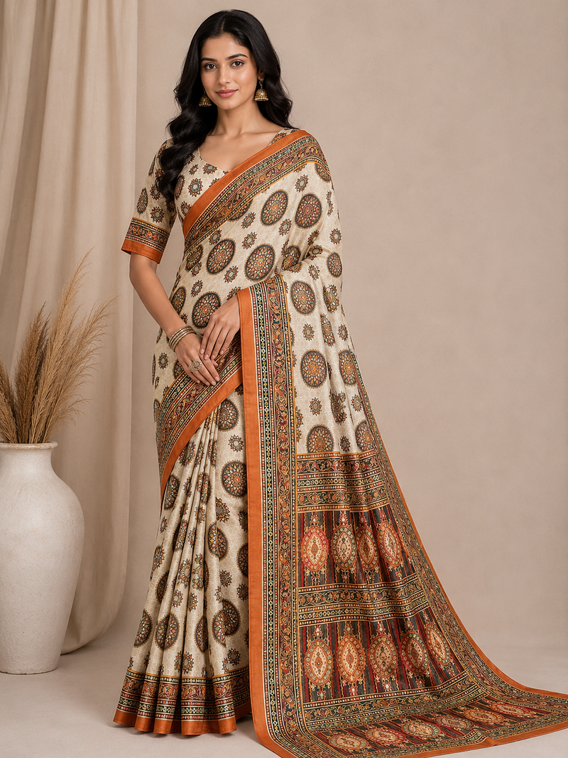 white-orange digital printing with original mirror dola silk saree