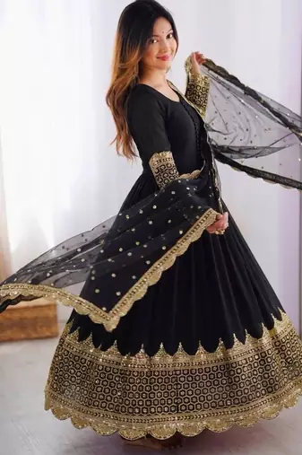Black faux georgette embroidered gown set