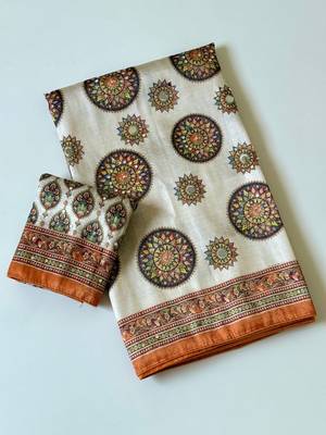white-orange digital printing with original mirror dola silk saree 2