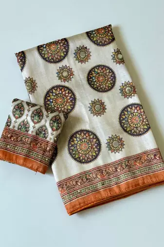 white-orange digital printing with original mirror dola silk saree