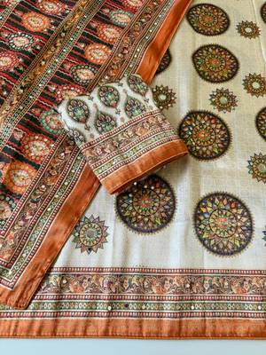white-orange digital printing with original mirror dola silk saree 3