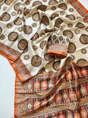 white-orange digital printing with original mirror dola silk saree 4