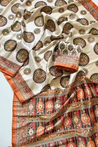 white-orange digital printing with original mirror dola silk saree