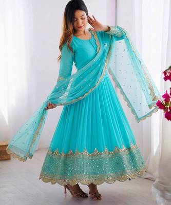 Sky blue faux georgette embroidered gown set 1