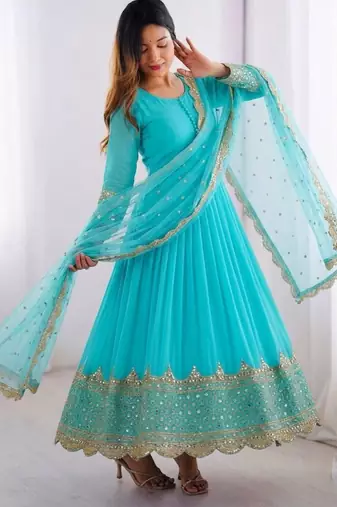 Sky blue faux georgette embroidered gown set
