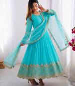 Sky blue faux georgette embroidered gown set