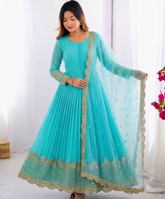 Sky blue faux georgette embroidered gown set 2