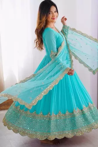 Sky blue faux georgette embroidered gown set