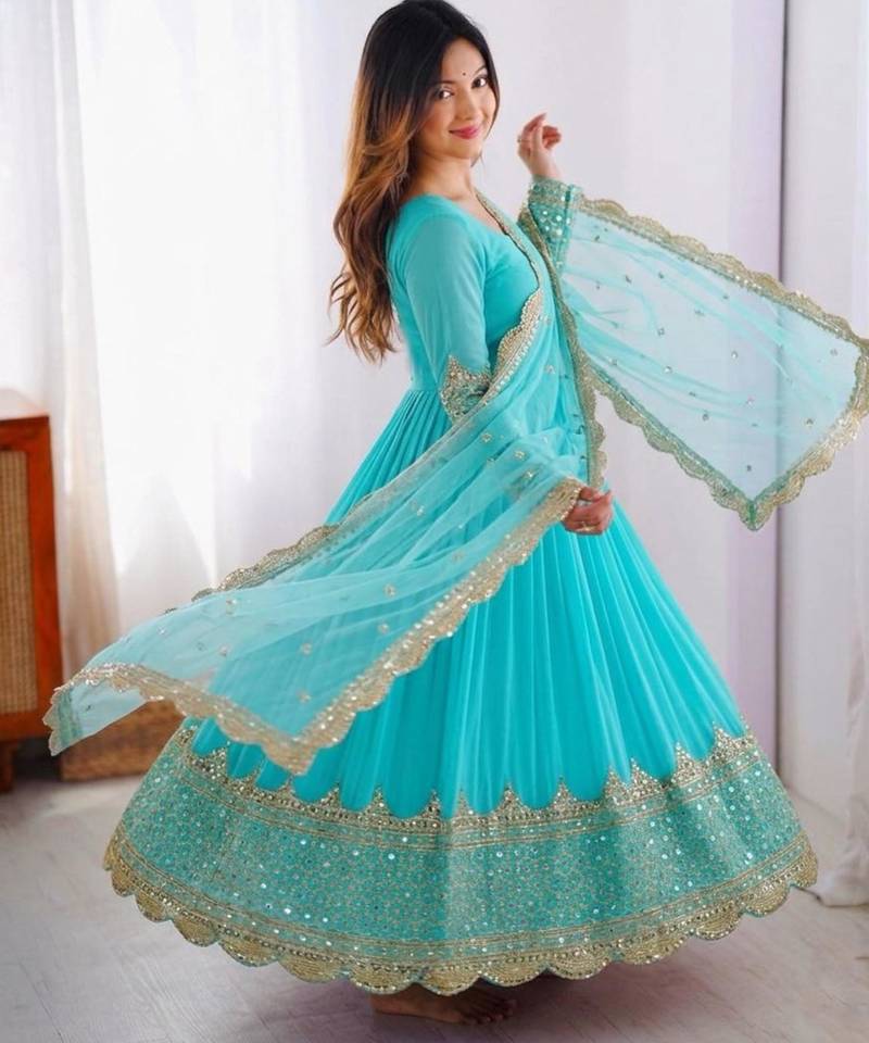 Sky blue faux georgette embroidered gown set