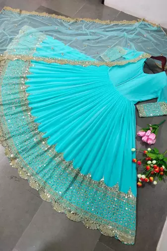Sky blue faux georgette embroidered gown set