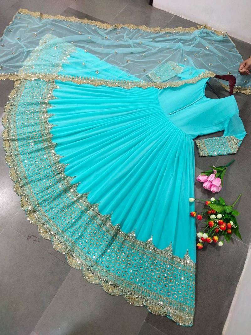 Sky blue faux georgette embroidered gown set