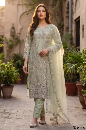Sea green net embroidered salwaar kameez