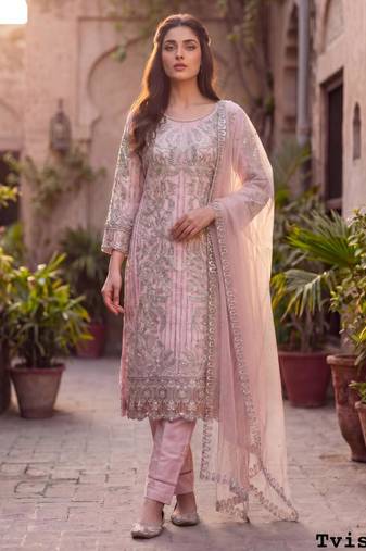 Baby pink net embroidered salwaar kameez
