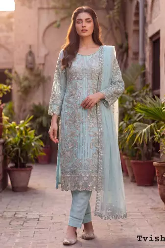 Sky blue net embroidered salwaar kameez