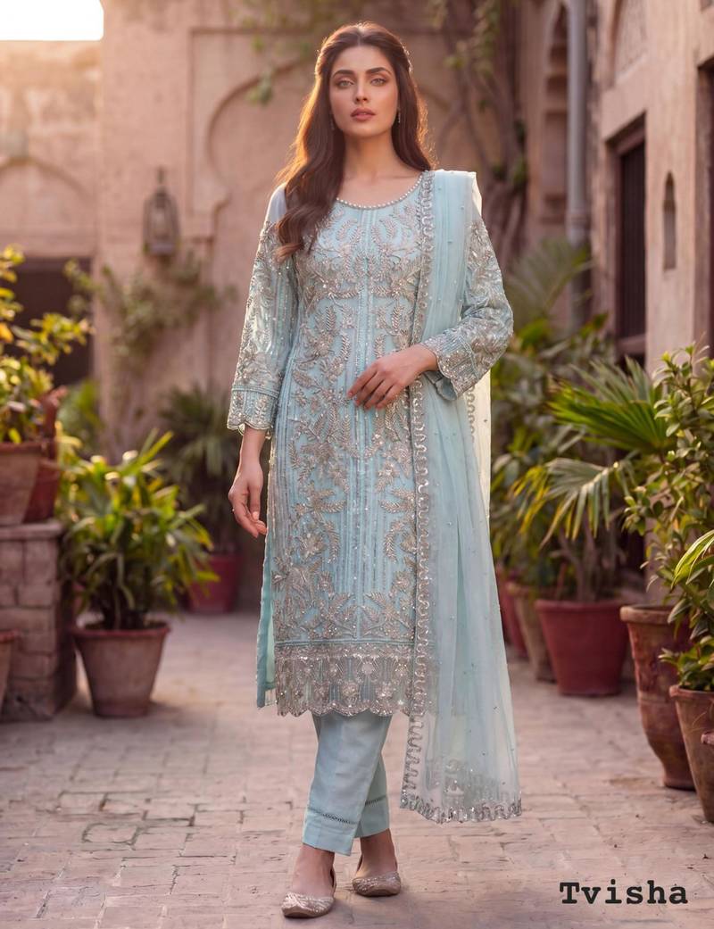 Sky blue net embroidered salwaar kameez
