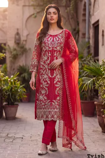 Red net embroidered salwaar kameez