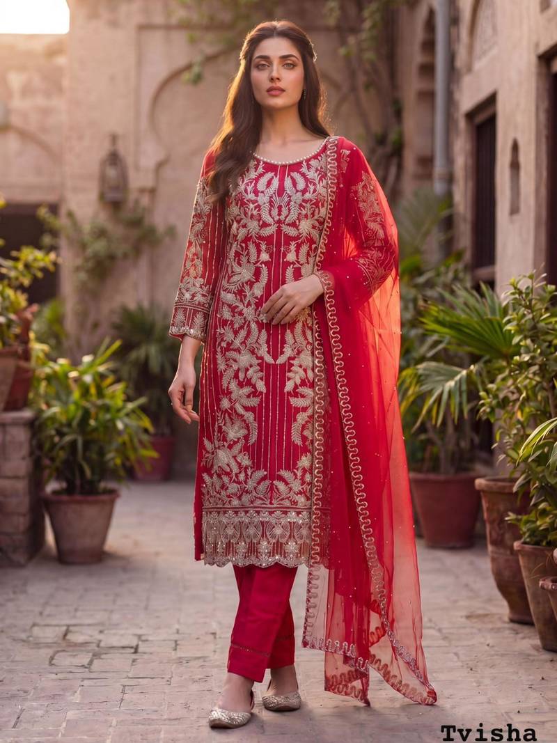Red net embroidered salwaar kameez