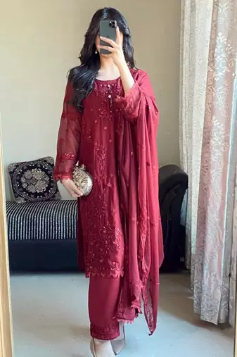 Maroon faux georgette embroidered kurta set