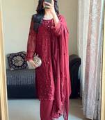 Maroon faux georgette embroidered kurta set