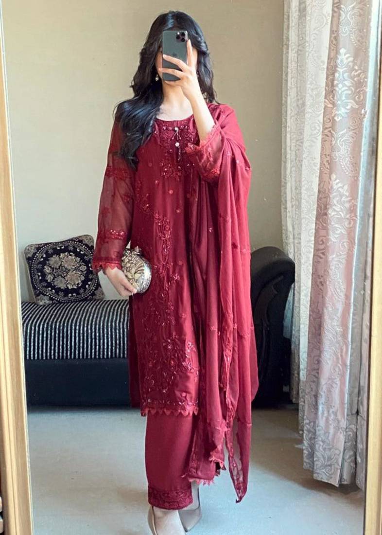 Maroon faux georgette embroidered kurta set