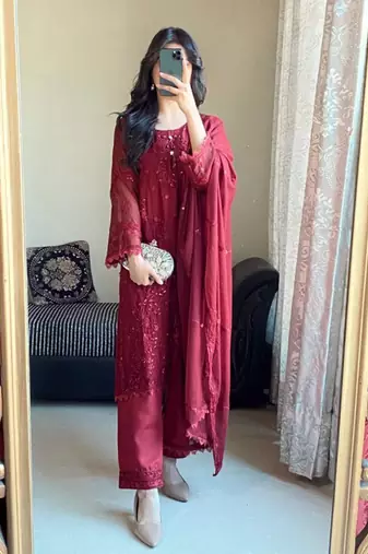 Maroon faux georgette embroidered kurta set