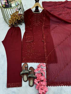 Maroon faux georgette embroidered kurta set 3