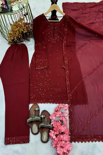 Maroon faux georgette embroidered kurta set
