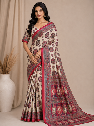 white-red digital printing with original mirror dola silk saree 1