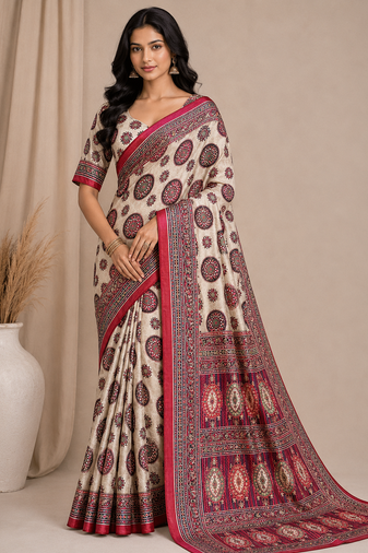 white-red digital printing with original mirror dola silk saree